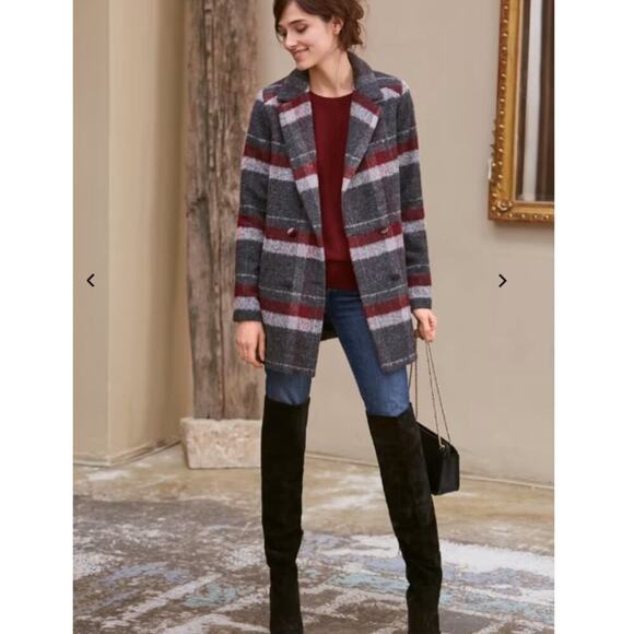 Sezane Octave Coat In Burgundy Gray Tiles Size 8 Plaid Double Breasted Jacket - Picture 3 of 11